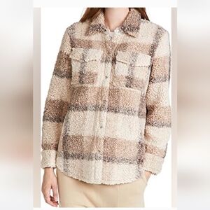 BB Dakota Womens Faux Fur Sherpa Plaid SnapButton Down Shirt Jacket Beige Size M